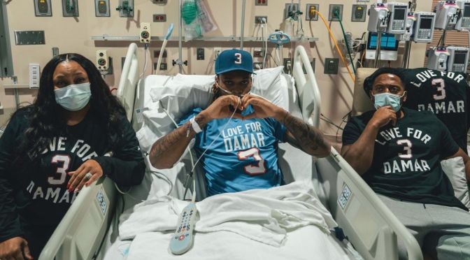 #DamarHamlin is ON THE MEND! Post pic from hospital ROOTING for the #Buffalo a week after on-field CARDIAC arrest! [pic]