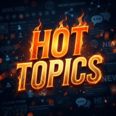 The words HOT TOPICS in fiery, glowing letters with flames and sparks around them against a dark news background.