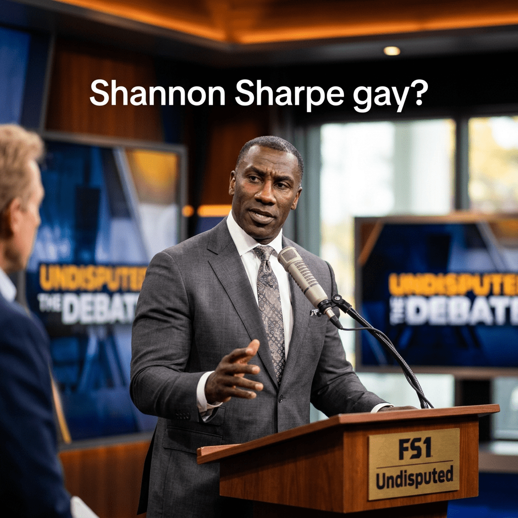 Shannon Sharpe speaking at a podium with FS1 Undisputed logo