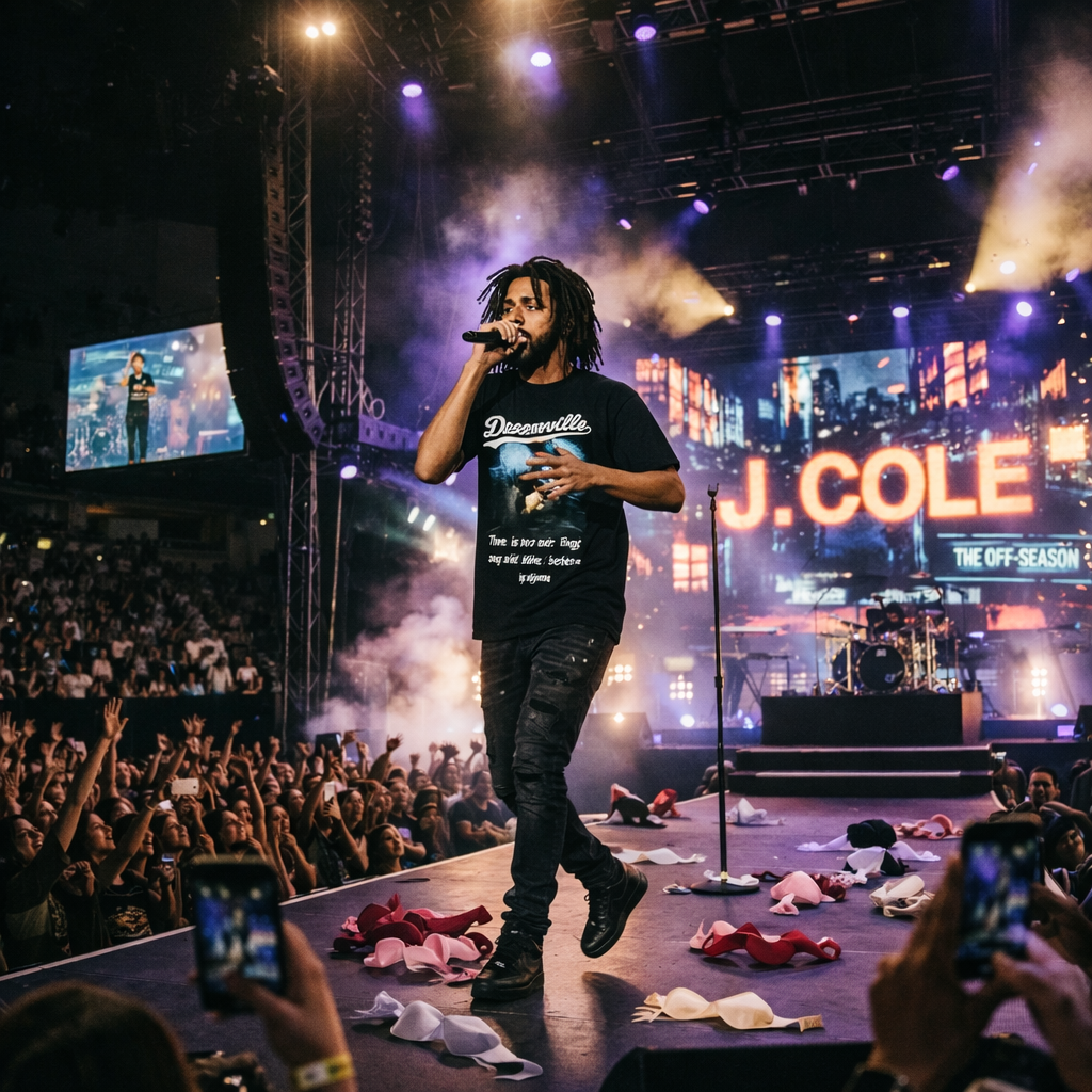 J. Cole performing on stage with microphone and illuminated 'J. COLE' sign behind