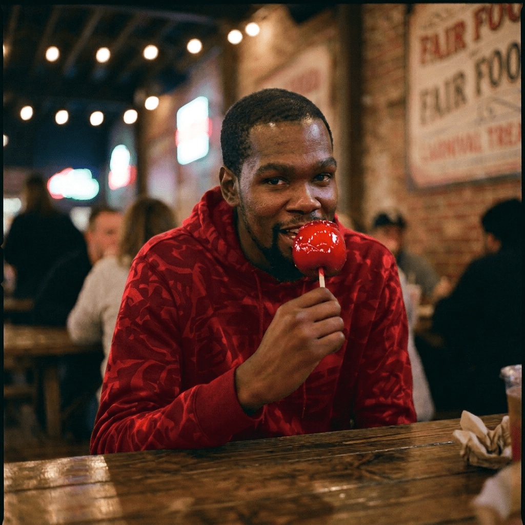 Man with green beanie eating a red candy apple indoors