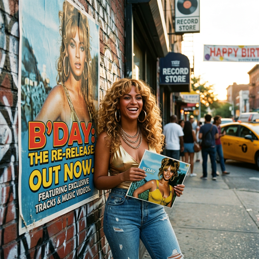 Smiling woman holds a B’Day album cover beside a poster reading “B’DAY: THE RE-RELEASE OUT NOW, FEATURING EXCLUSIVE TRACKS & MUSIC VIDEOS.”